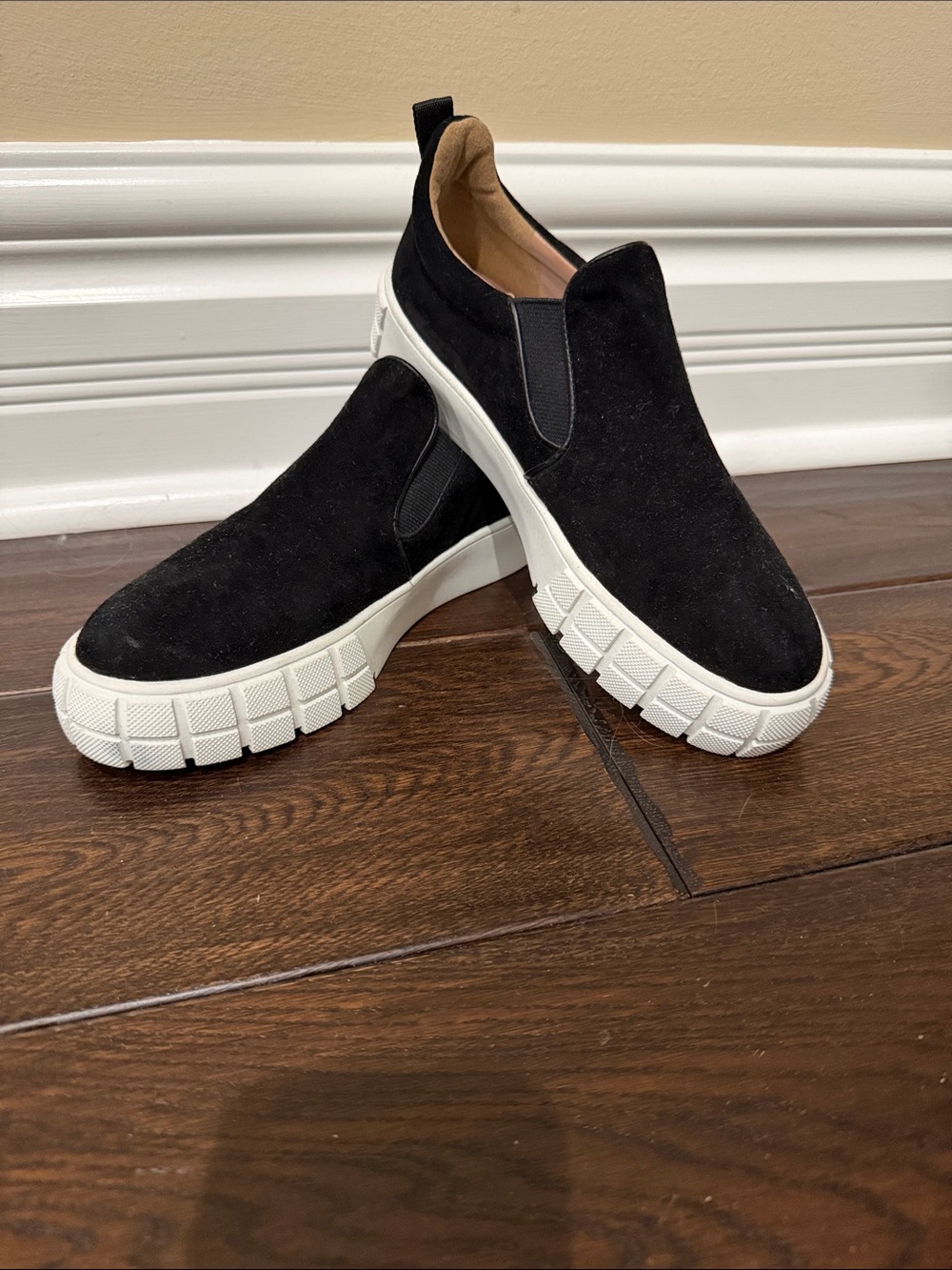 Linea Paolo Black Suede Slip-On Loafers with White Chunky Sole